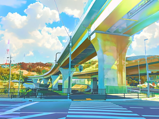 高架下と横断歩道【背景素材(夕方差分+空くり抜きセット)】