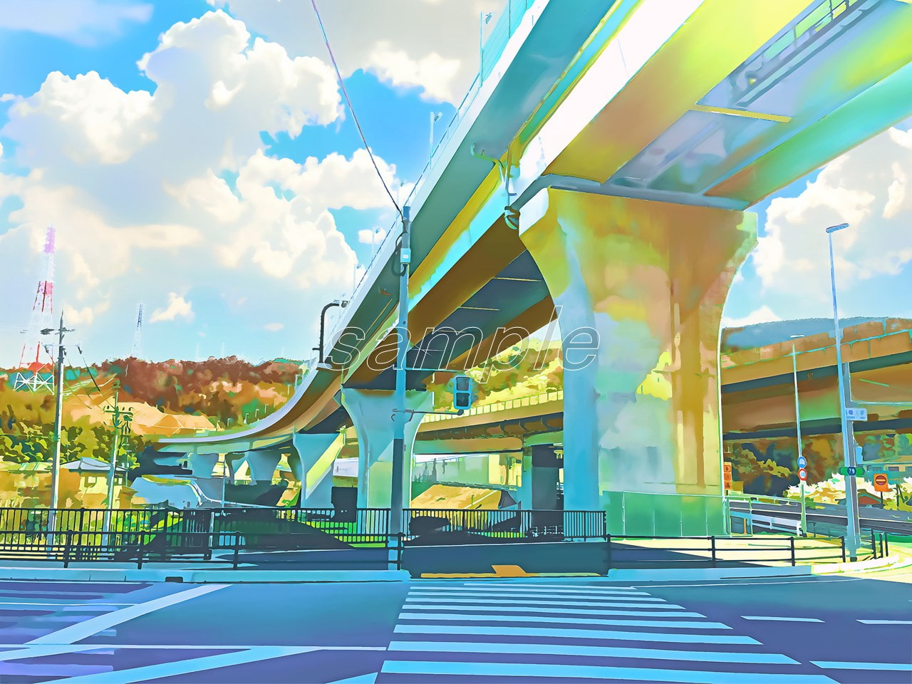 高架下と横断歩道【背景素材(夕方差分+空くり抜きセット)】