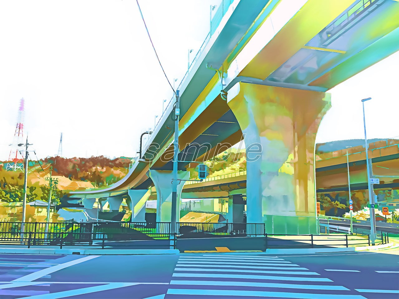 高架下と横断歩道【背景素材(夕方差分+空くり抜きセット)】