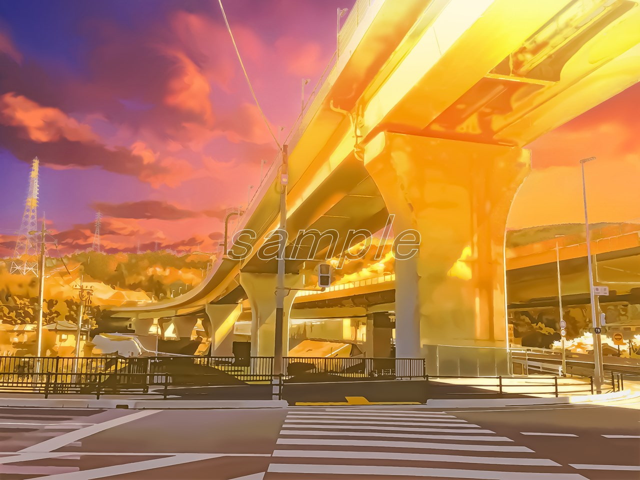 高架下と横断歩道【背景素材(夕方差分+空くり抜きセット)】