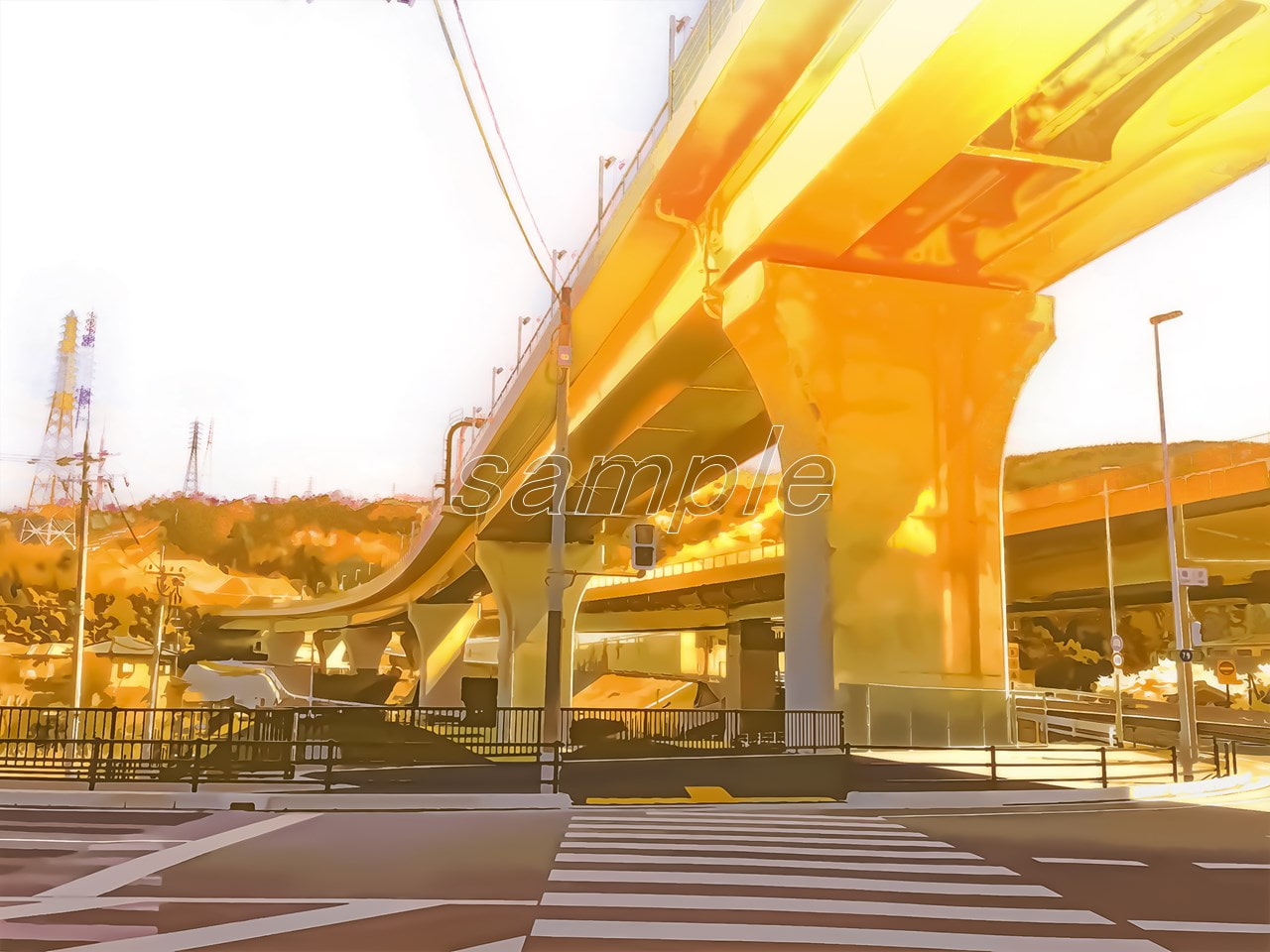 高架下と横断歩道【背景素材(夕方差分+空くり抜きセット)】