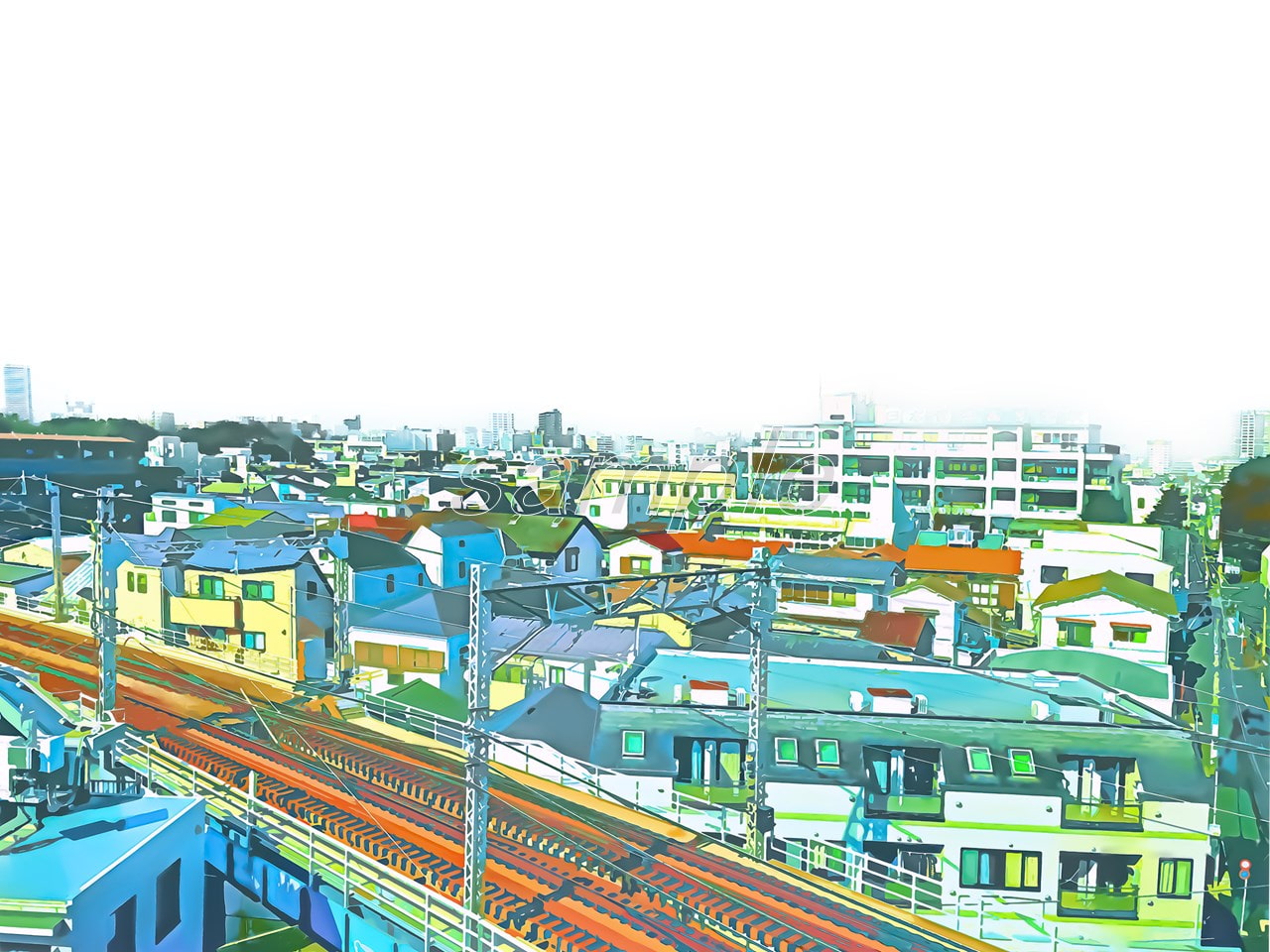 線路と都心部の住居【背景素材(夕方差分+空くり抜きセット)】