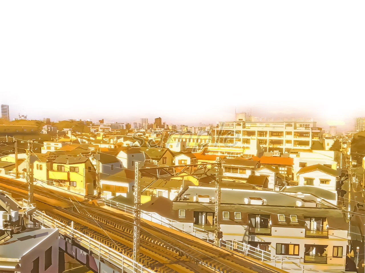 線路と都心部の住居【背景素材(夕方差分+空くり抜きセット)】