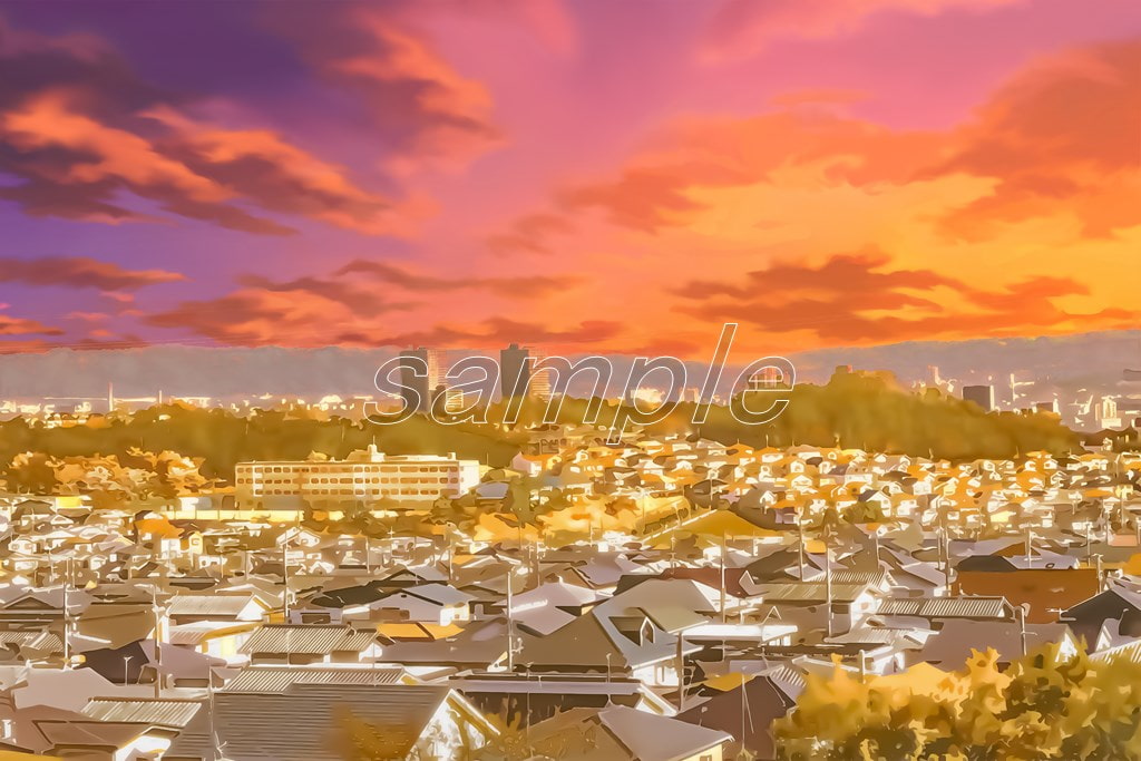 町の上空と展望【背景素材_夕方差分+空くり抜きセット】