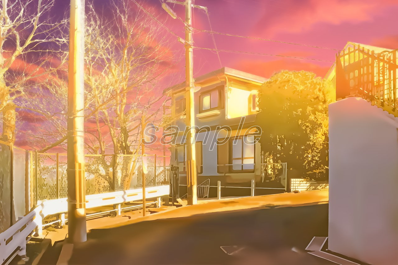 高台の住宅地1【背景素材_夕方差分+空くり抜きセット】