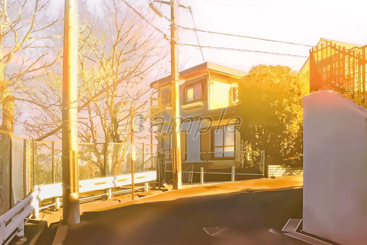 高台の住宅地1【背景素材_夕方差分+空くり抜きセット】