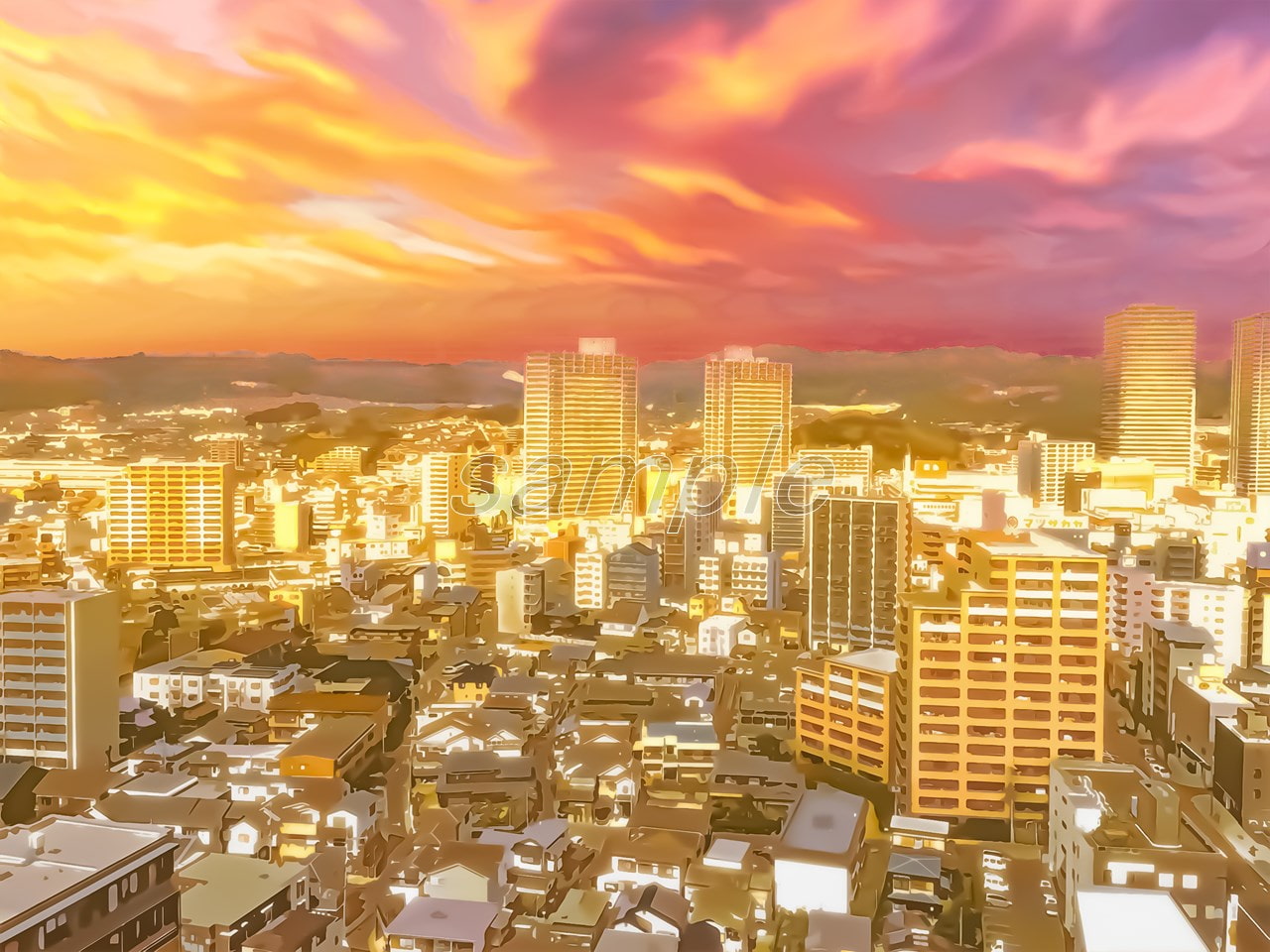 都会のビル群【背景素材_夕方差分+空くり抜きセット】