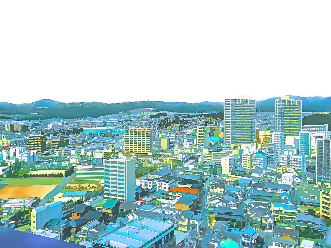 地方都市の上空【背景素材_夕方差分+空くり抜きセット】