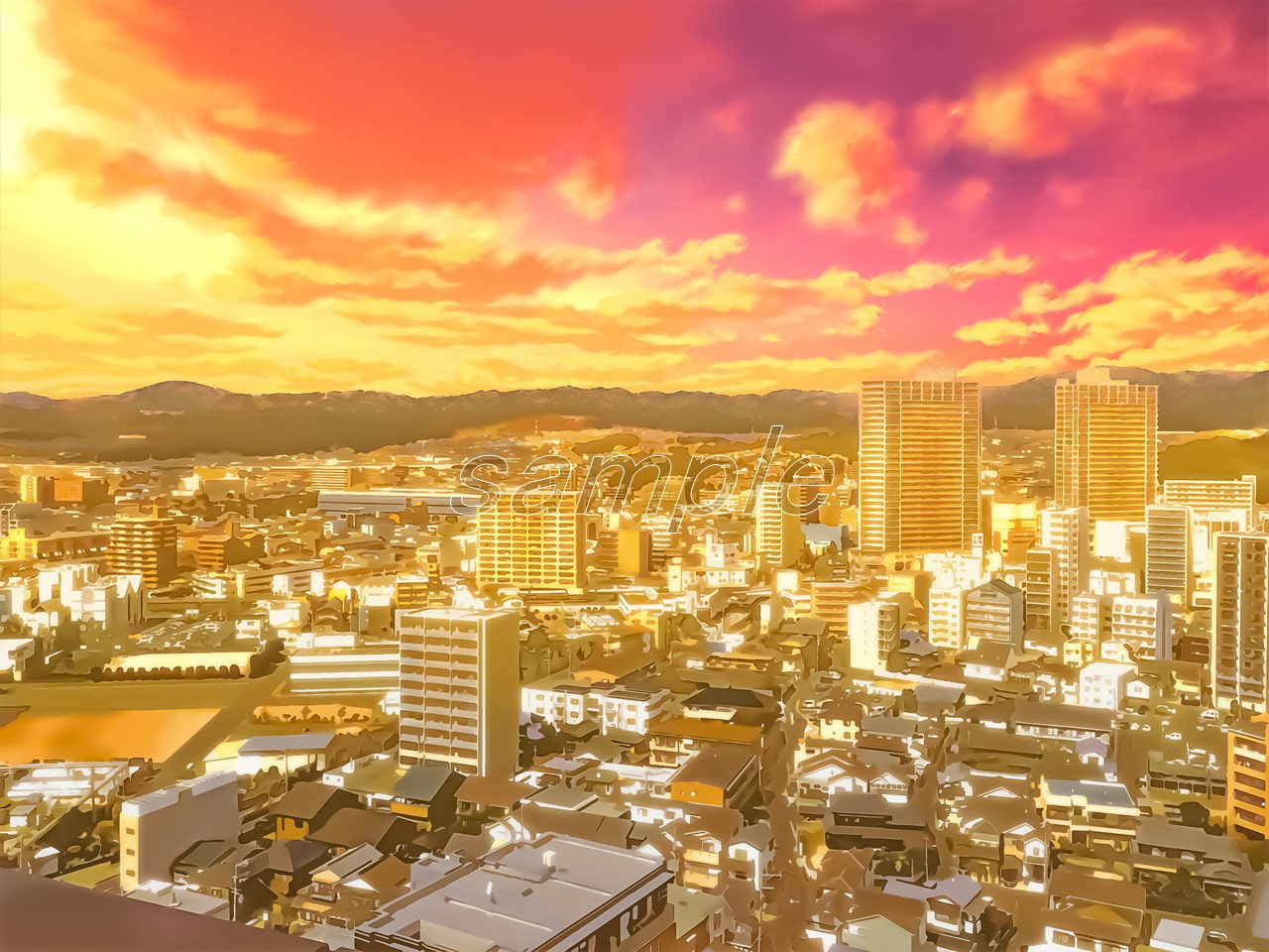 地方都市の上空【背景素材_夕方差分+空くり抜きセット】