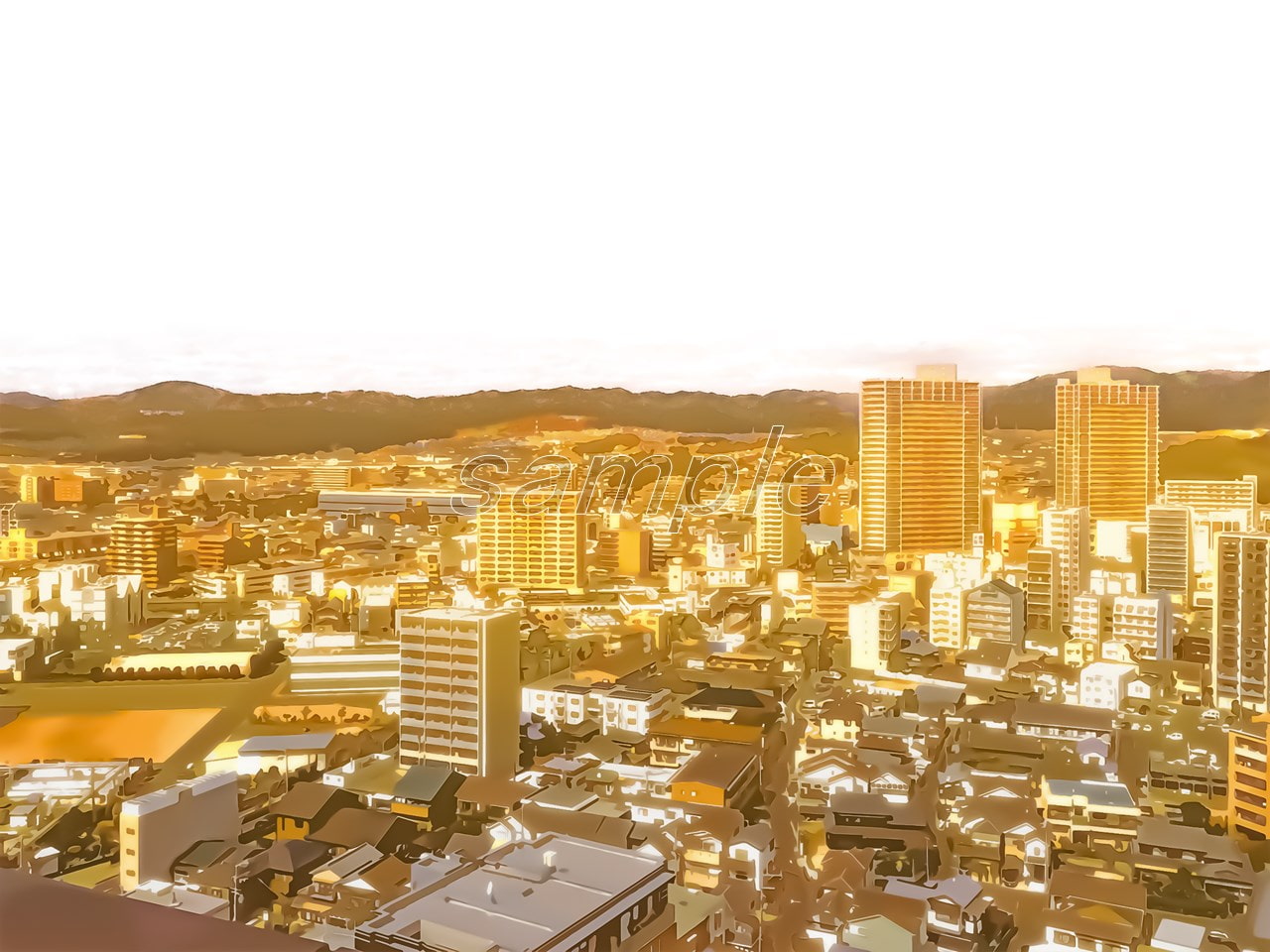 地方都市の上空【背景素材_夕方差分+空くり抜きセット】