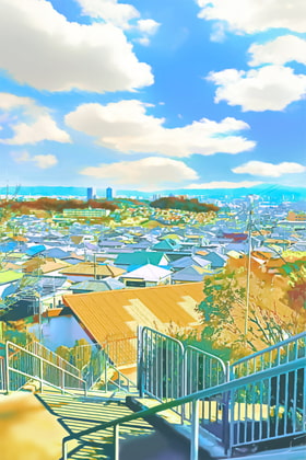 階段から眺める都市景観 【背景素材_夕方差分+空くり抜きセット】