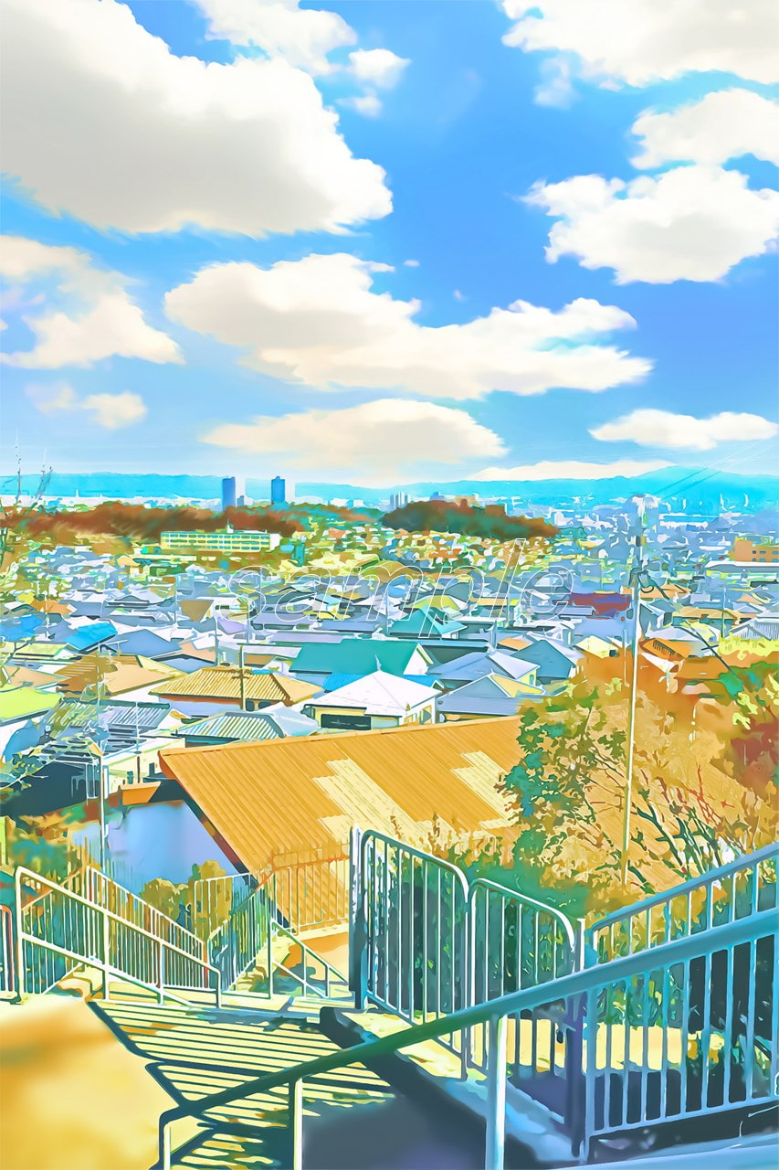 階段から眺める都市景観 【背景素材_夕方差分+空くり抜きセット】