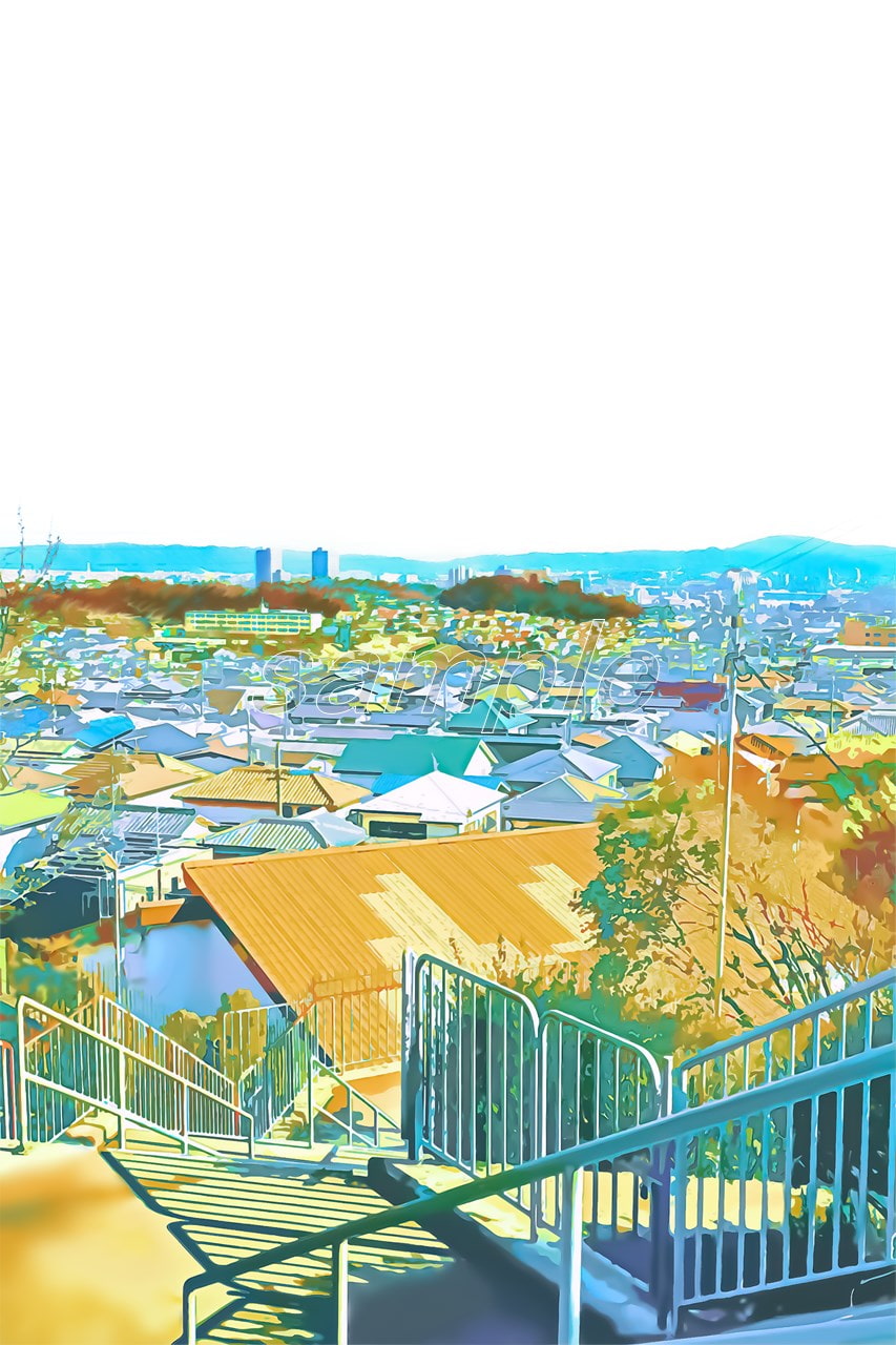 階段から眺める都市景観 【背景素材_夕方差分+空くり抜きセット】