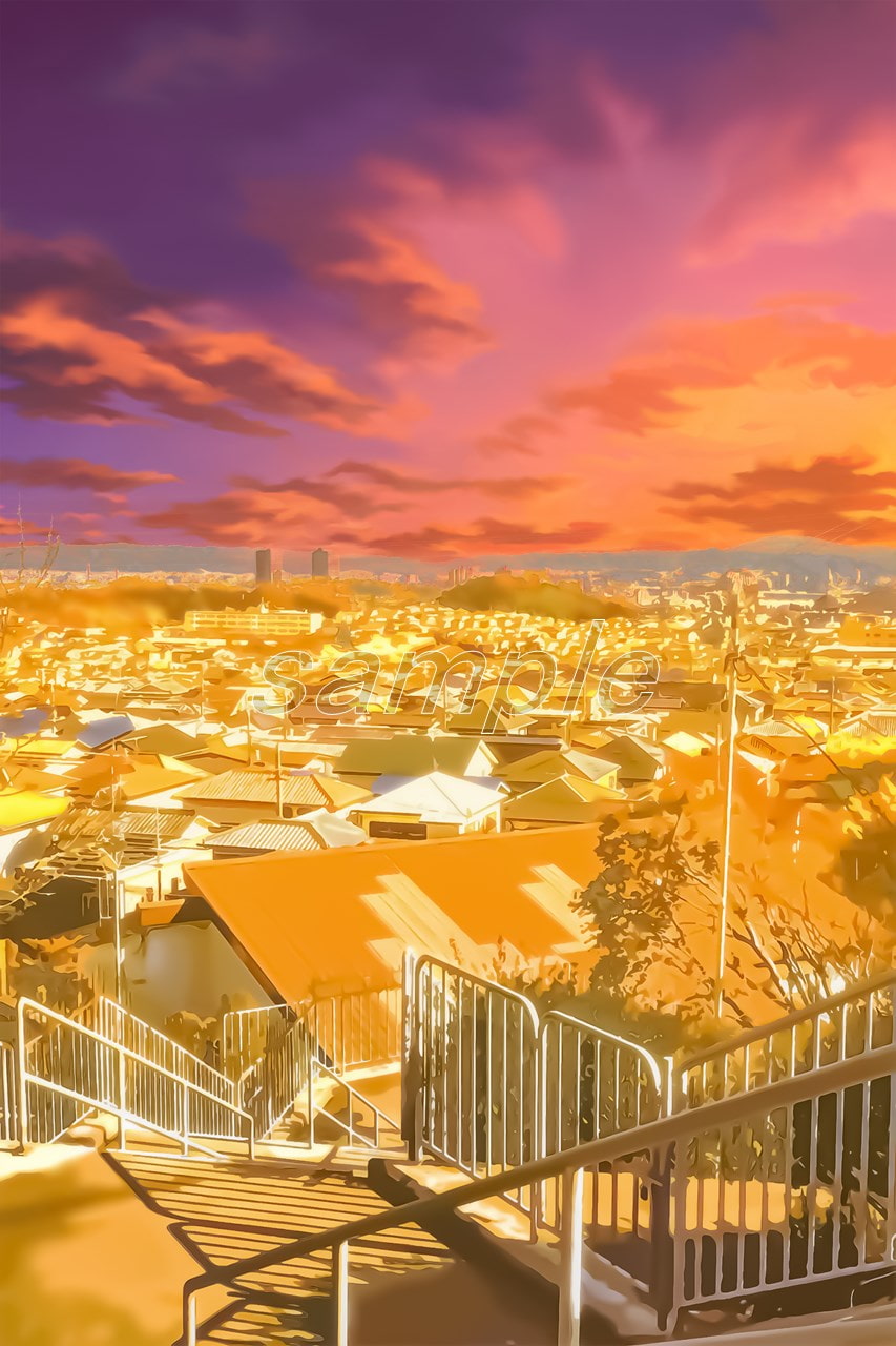 階段から眺める都市景観 【背景素材_夕方差分+空くり抜きセット】