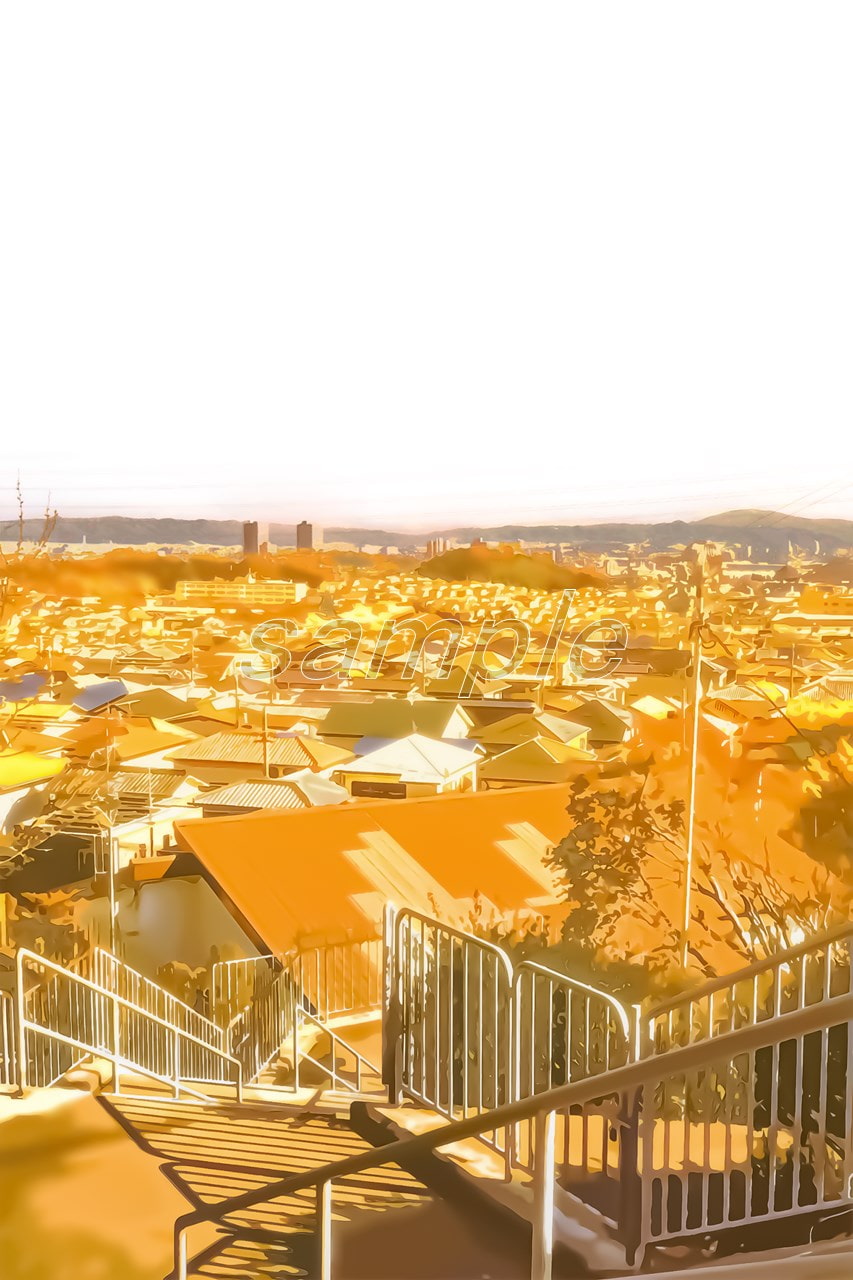 階段から眺める都市景観 【背景素材_夕方差分+空くり抜きセット】