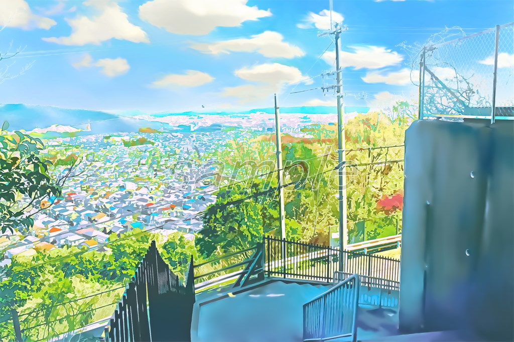 町を見渡せる階段の上【背景素材_夕方差分+空くり抜きセット】