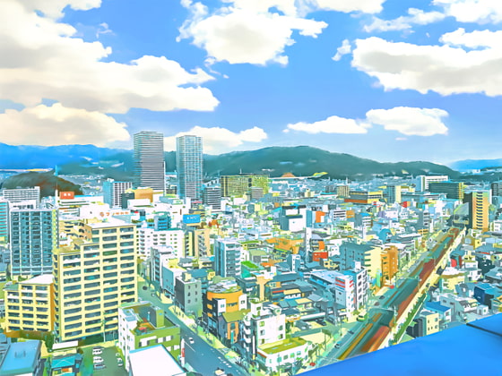 都市の景観と屋上【背景素材_夕方差分+空くり抜きセット】