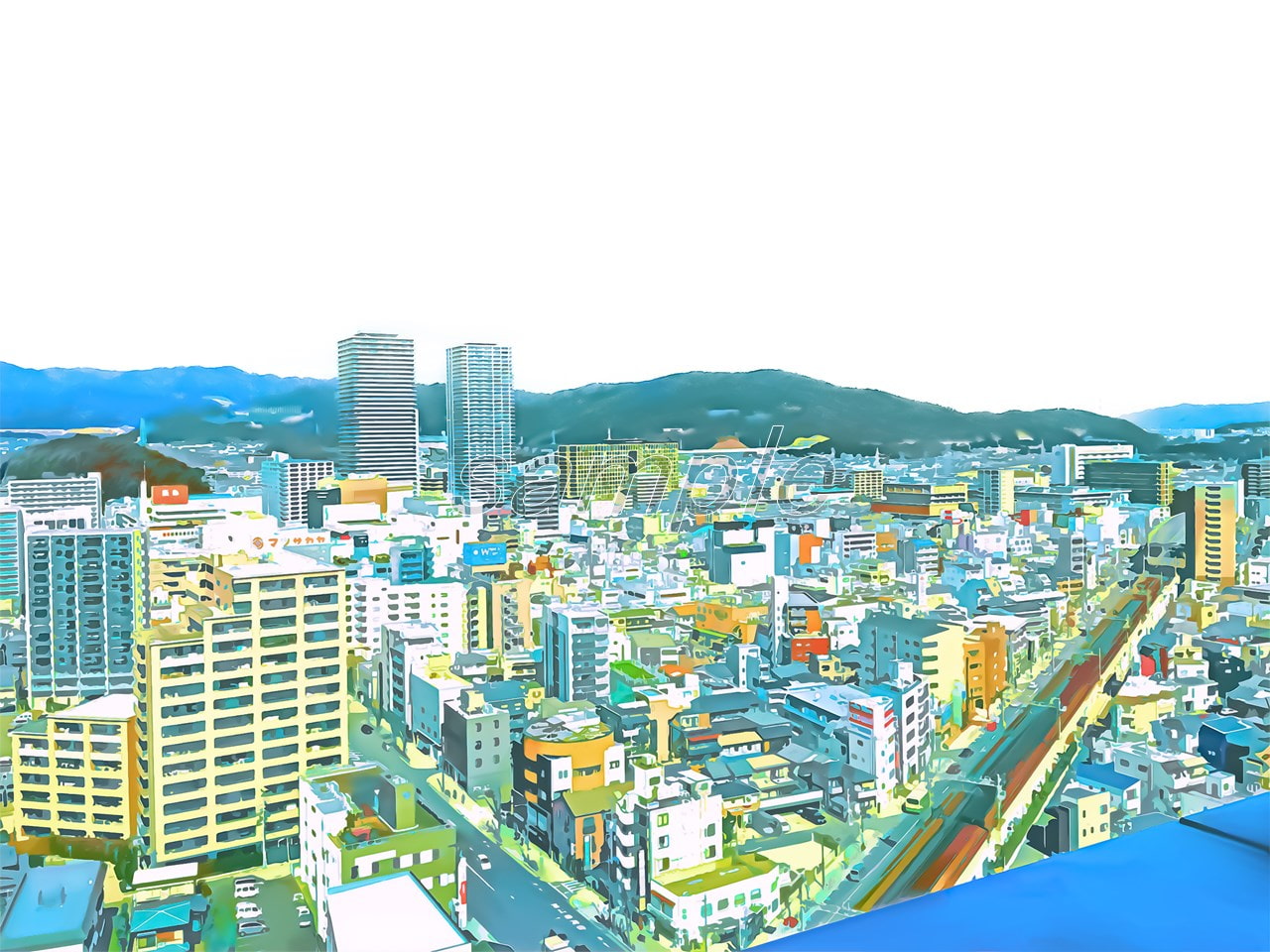 都市の景観と屋上【背景素材_夕方差分+空くり抜きセット】