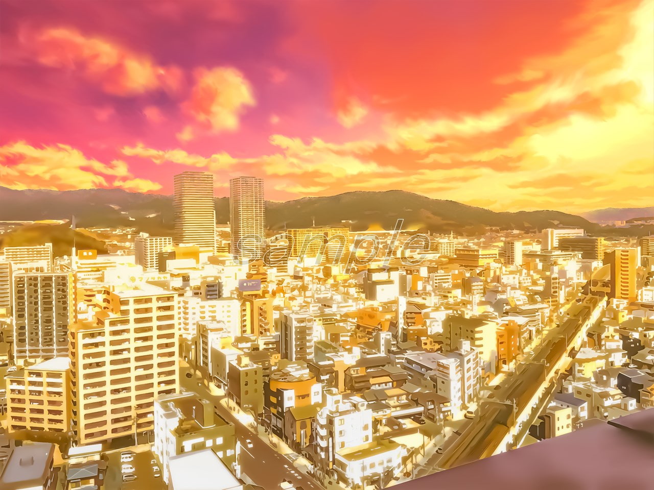 都市の景観と屋上【背景素材_夕方差分+空くり抜きセット】