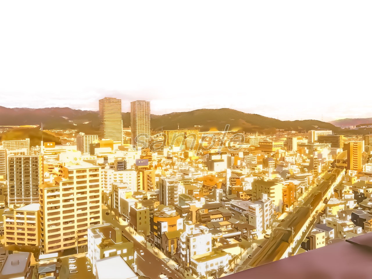 都市の景観と屋上【背景素材_夕方差分+空くり抜きセット】