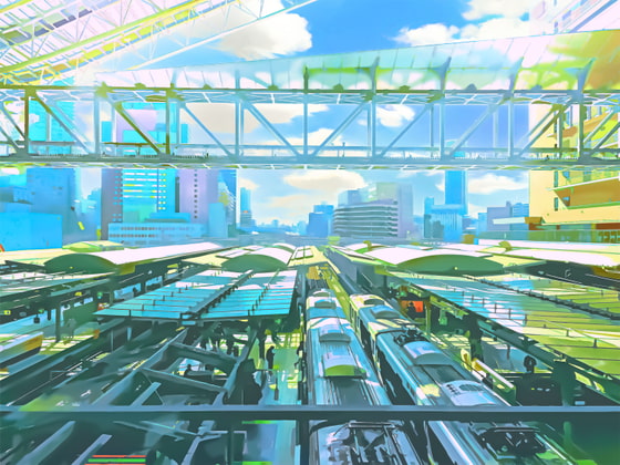 駅のターミナル【背景素材_夕方差分+空くり抜きセット】