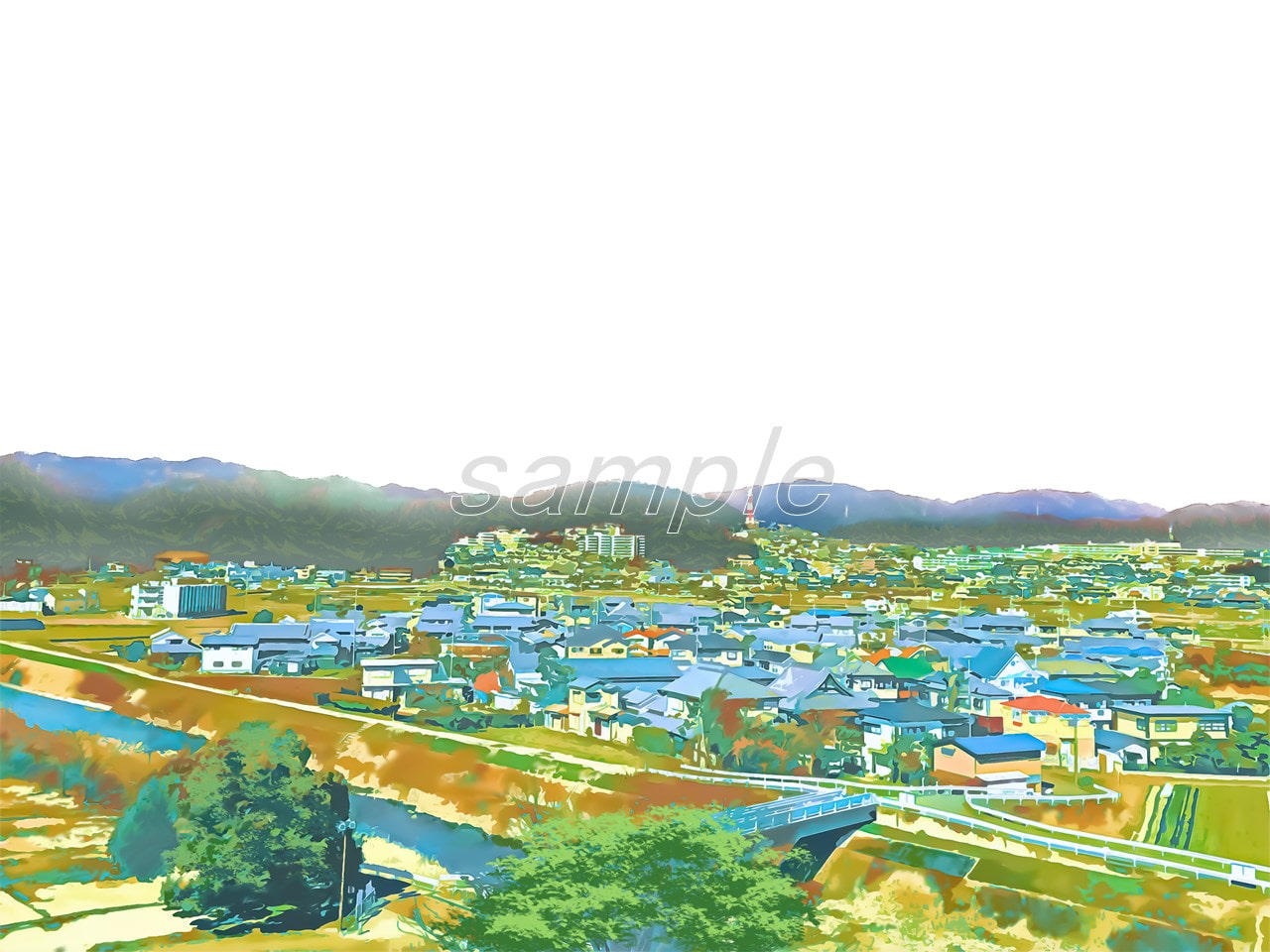 田舎町の展望【背景素材_夕方差分+空くり抜きセット】