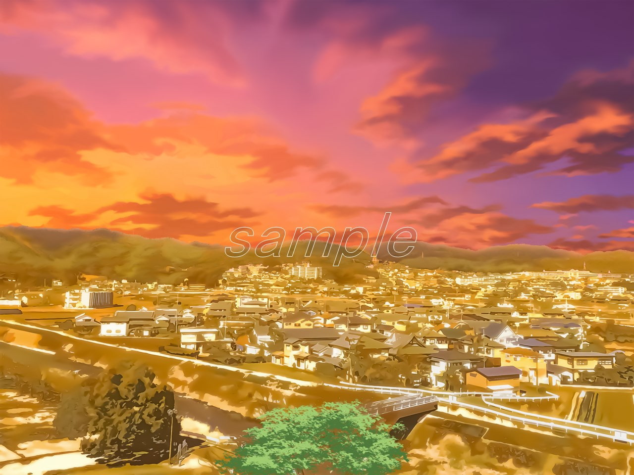 田舎町の展望【背景素材_夕方差分+空くり抜きセット】