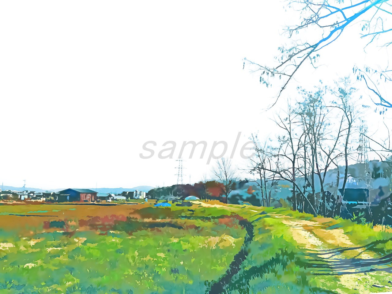 あぜ道と田んぼ【背景素材_夕方差分+空くり抜きセット】