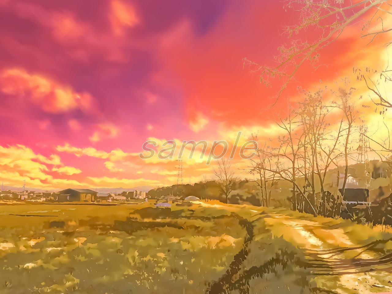 あぜ道と田んぼ【背景素材_夕方差分+空くり抜きセット】