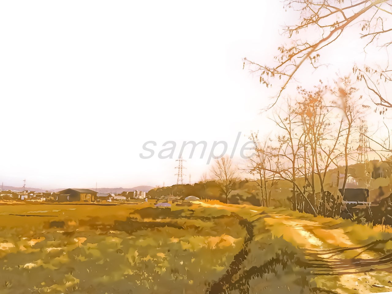 あぜ道と田んぼ【背景素材_夕方差分+空くり抜きセット】