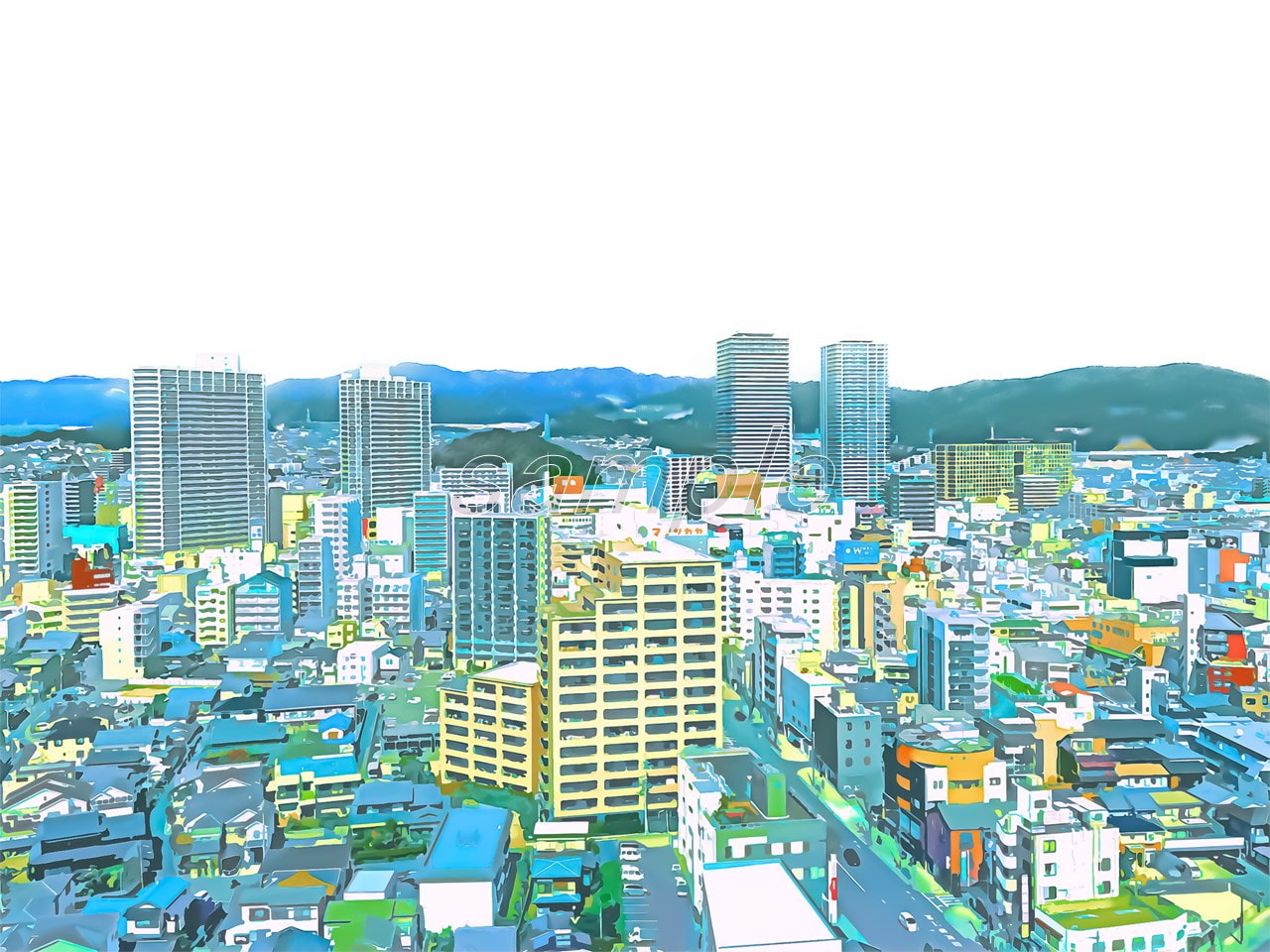 都会の上空と街並み【背景素材_夕方差分+空くり抜きセット】