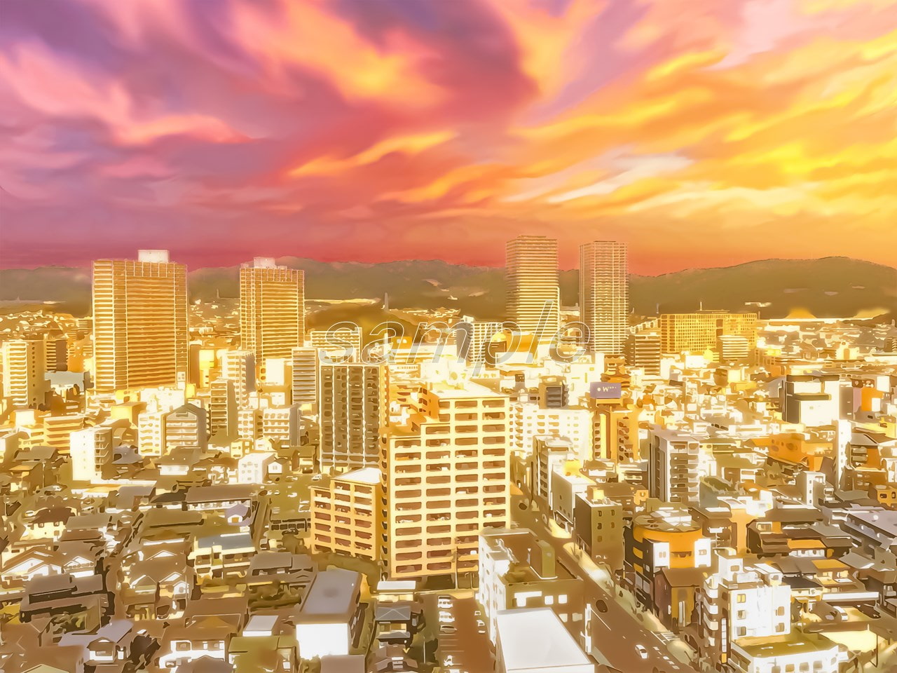 都会の上空と街並み【背景素材_夕方差分+空くり抜きセット】