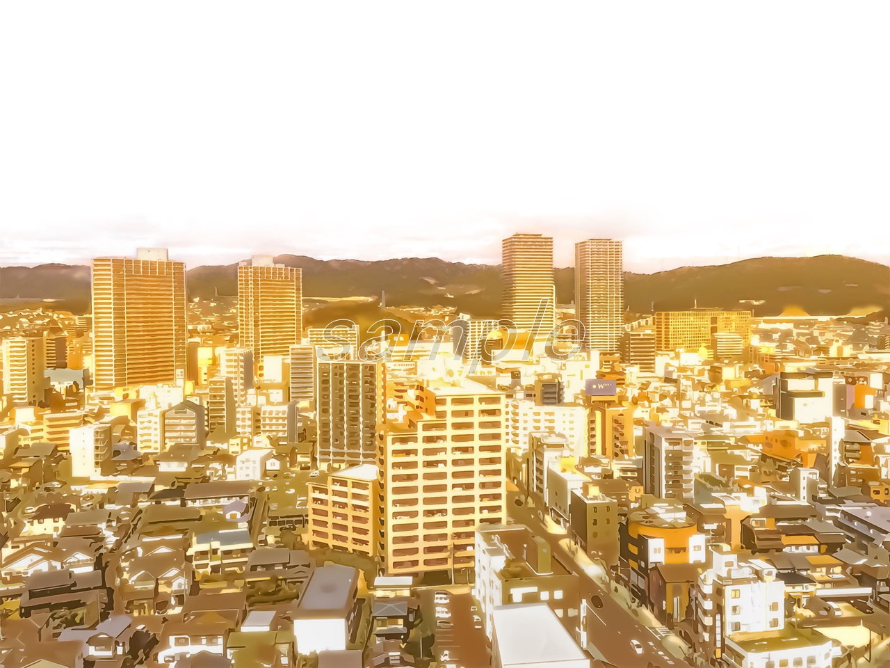 都会の上空と街並み【背景素材_夕方差分+空くり抜きセット】