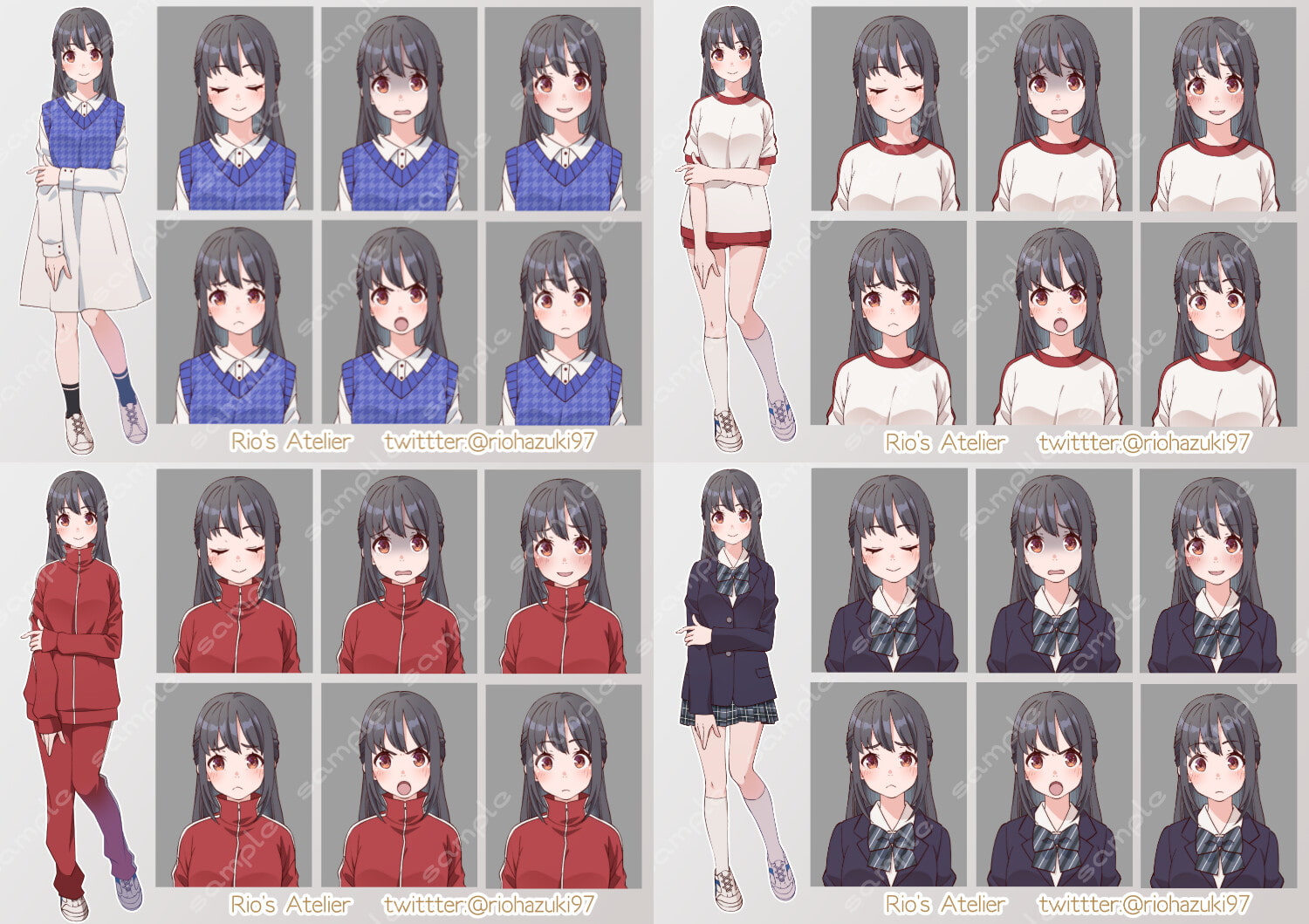 立ち絵素材_女子学生3体セット(服装差分多め)