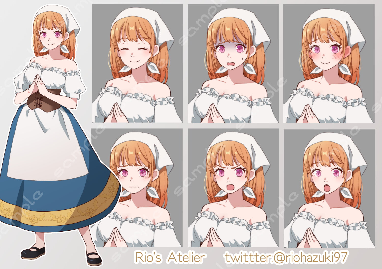 立ち絵素材_50(ファンタジー町娘全身、表情7種)