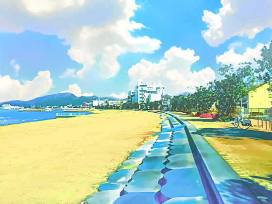 海岸線と海水浴場の砂浜【背景素材_夕方差分+空くり抜きセット】