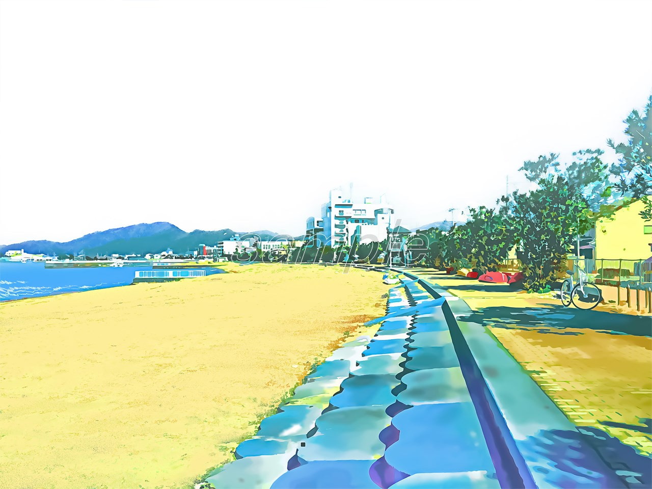 海岸線と海水浴場の砂浜【背景素材_夕方差分+空くり抜きセット】