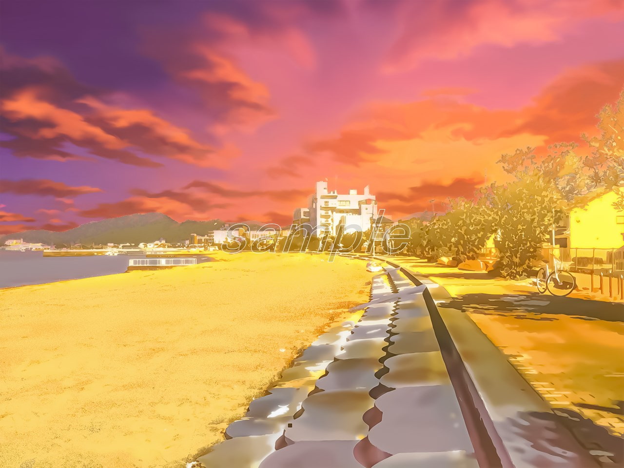 海岸線と海水浴場の砂浜【背景素材_夕方差分+空くり抜きセット】