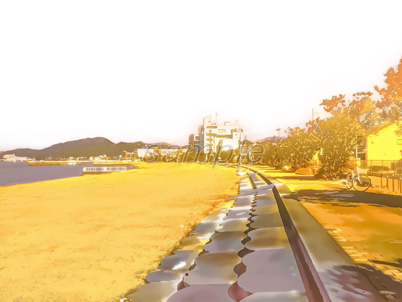 海岸線と海水浴場の砂浜【背景素材_夕方差分+空くり抜きセット】