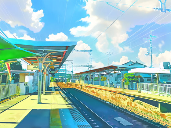 郊外の駅【背景素材_夕方差分+空くり抜きセット】