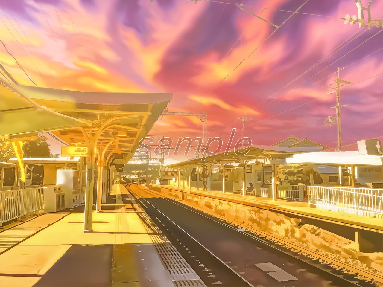 郊外の駅【背景素材_夕方差分+空くり抜きセット】