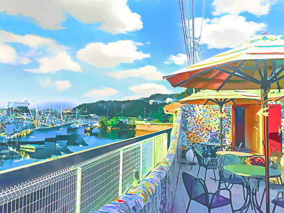 港とカフェテリア【背景素材_夕方差分+空くり抜きセット】