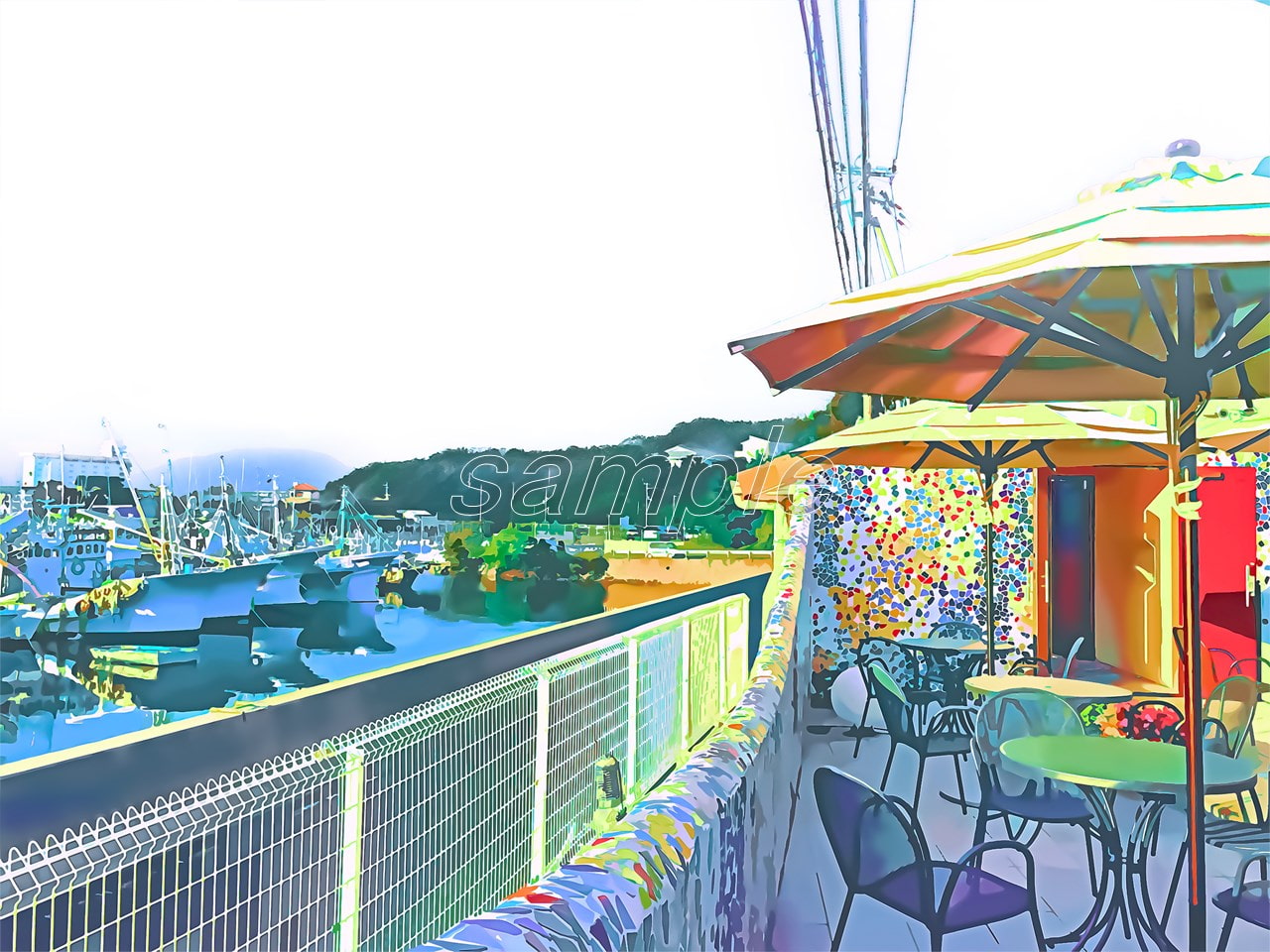 港とカフェテリア【背景素材_夕方差分+空くり抜きセット】