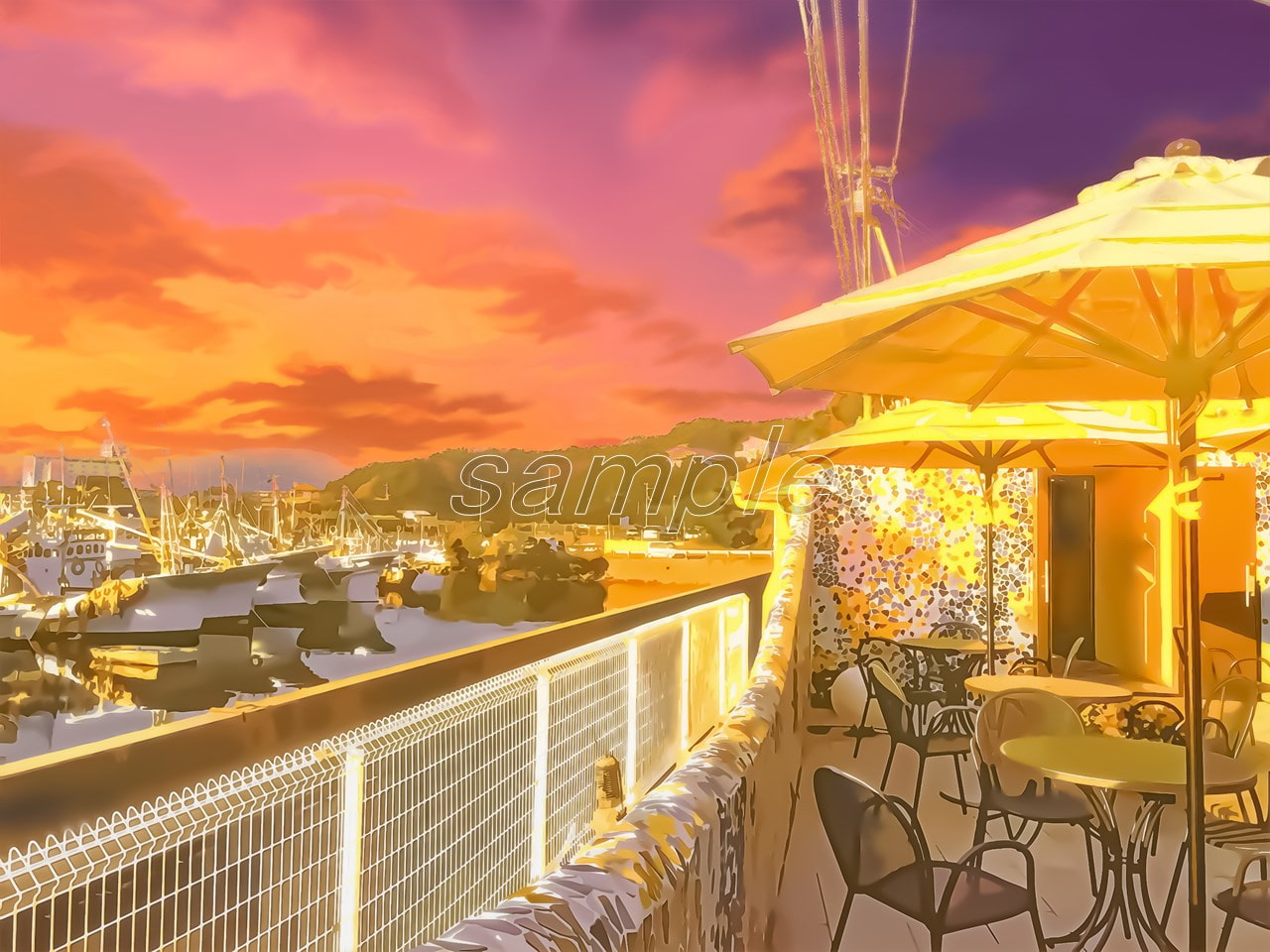 港とカフェテリア【背景素材_夕方差分+空くり抜きセット】