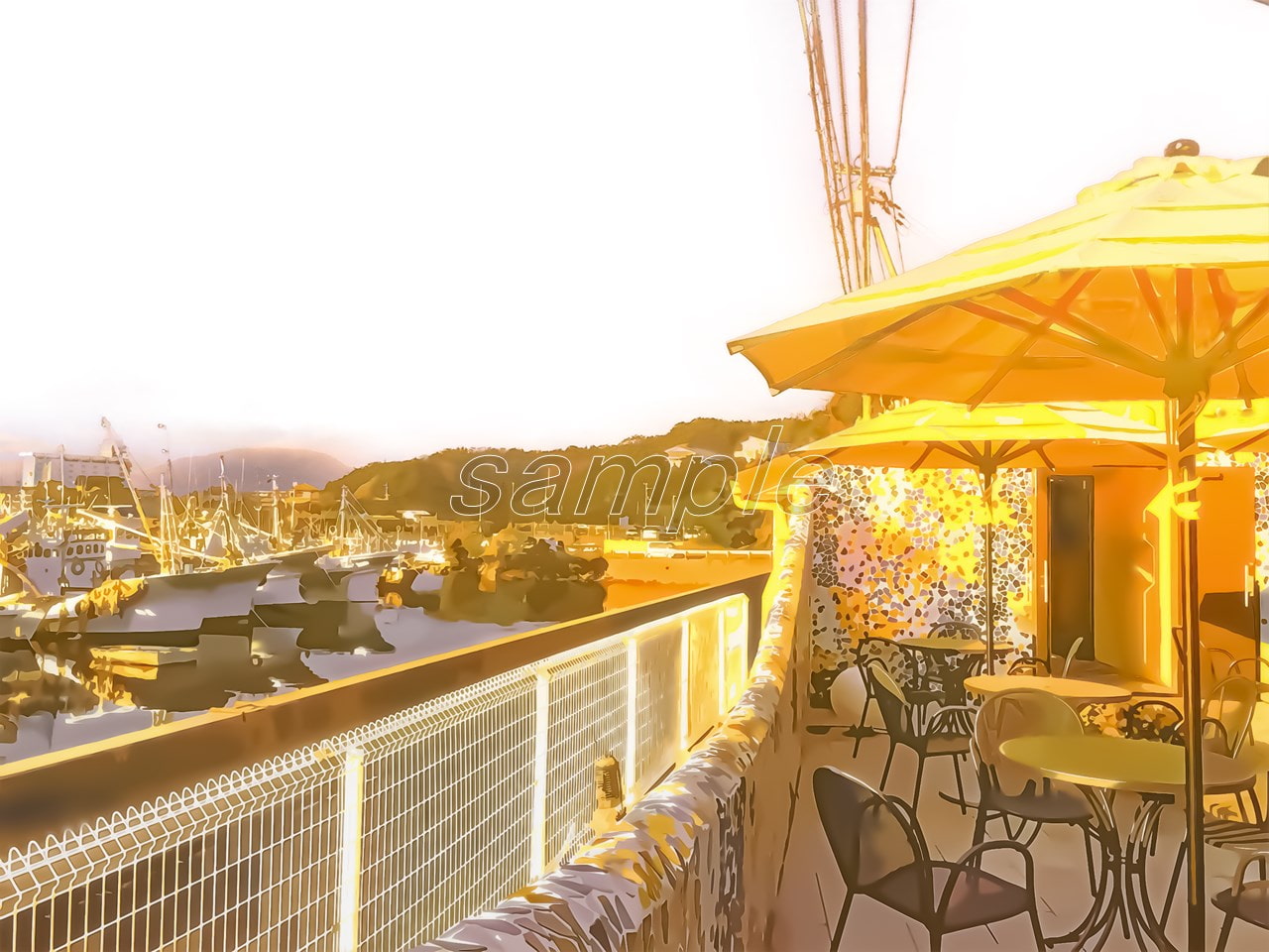 港とカフェテリア【背景素材_夕方差分+空くり抜きセット】