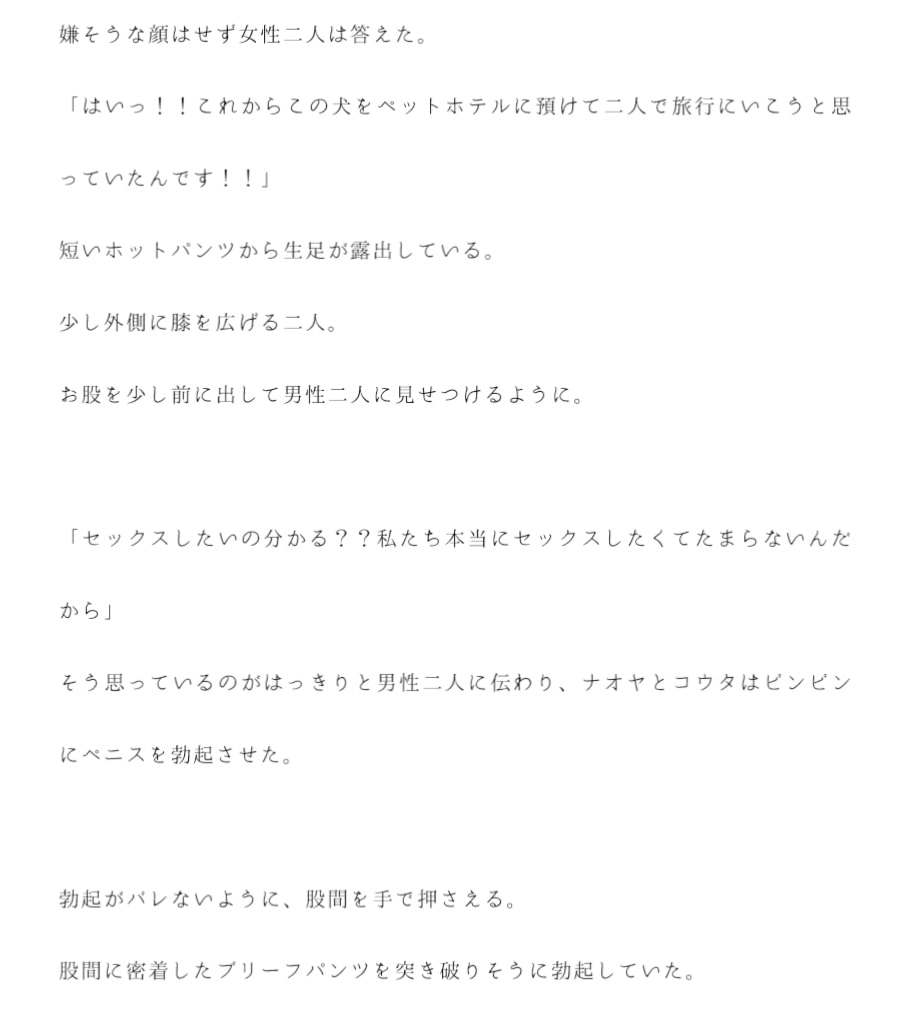 散歩中に知り合った犬連れの女性二人とエロエロ男二人組がその日中にホテルでセックス