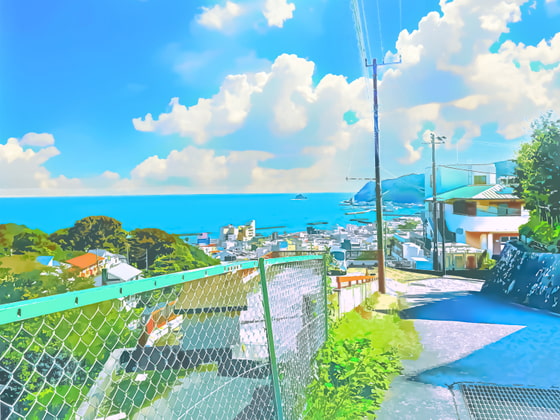 港町へ続く道【背景素材_夕方差分+空くり抜きセット】