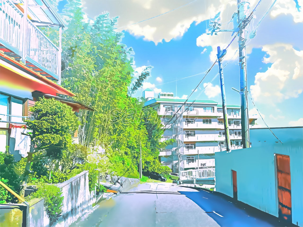 住宅街とマンション1【背景素材_夕方差分+空くり抜きセット】