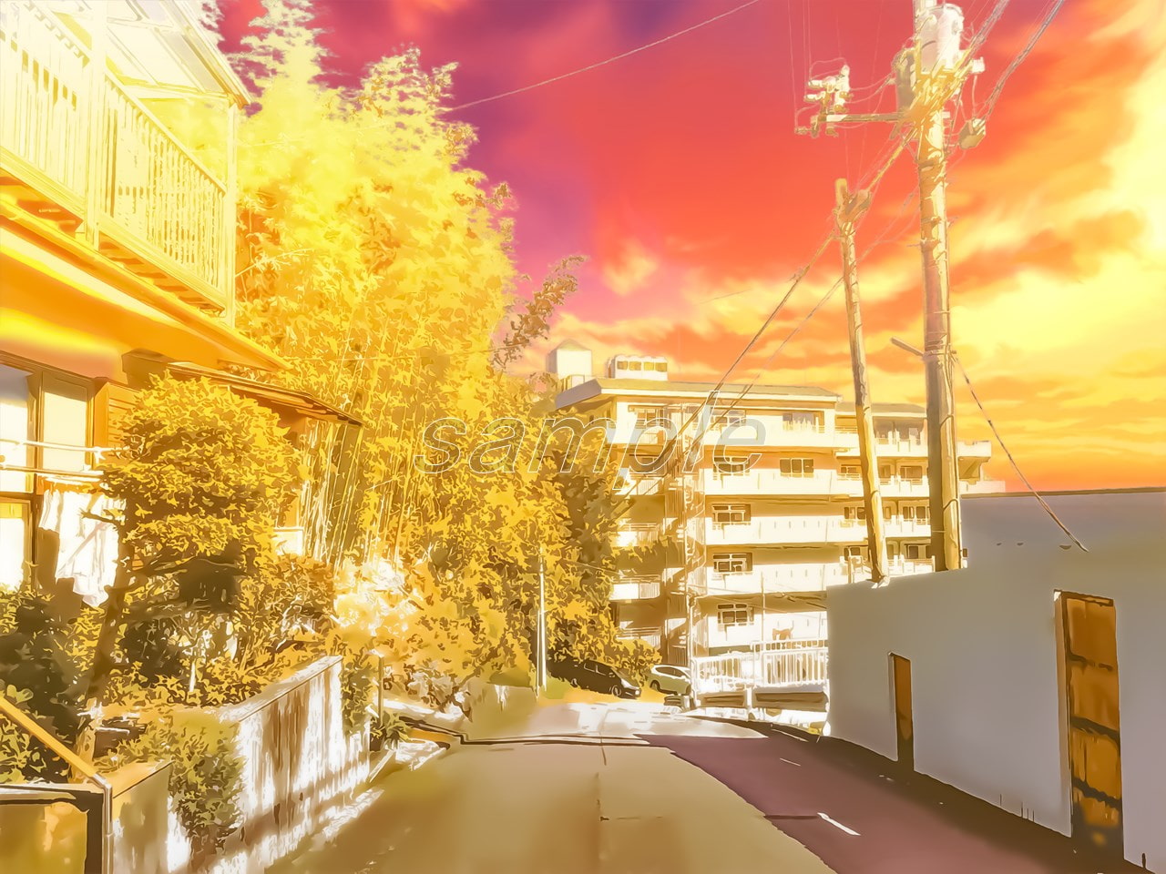 住宅街とマンション1【背景素材_夕方差分+空くり抜きセット】