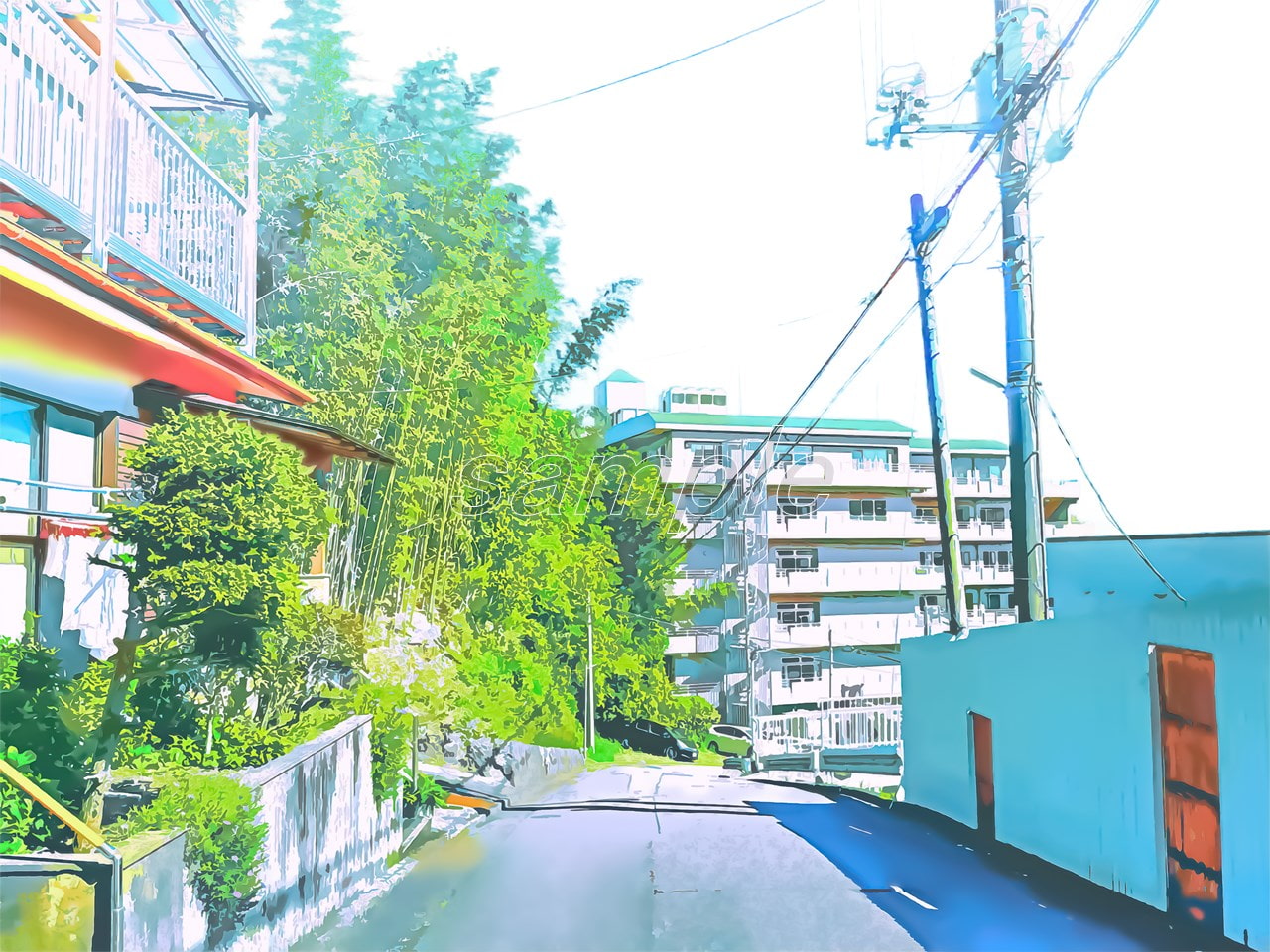 住宅街とマンション1【背景素材_夕方差分+空くり抜きセット】